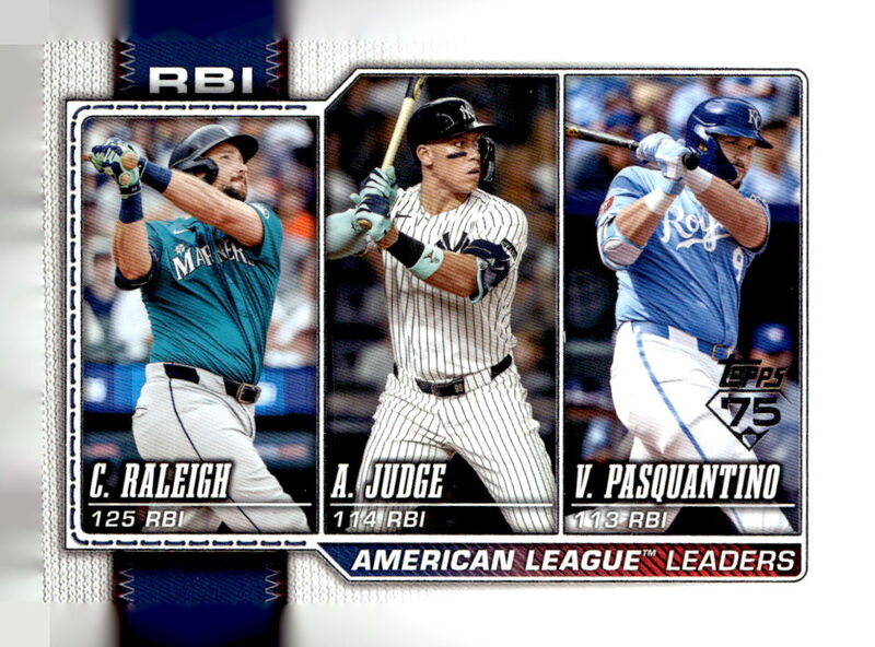 2026 Topps #211 American League Leaders RBI (Cal Raleigh / Aaron Judge / Vinnie Pasquantino)